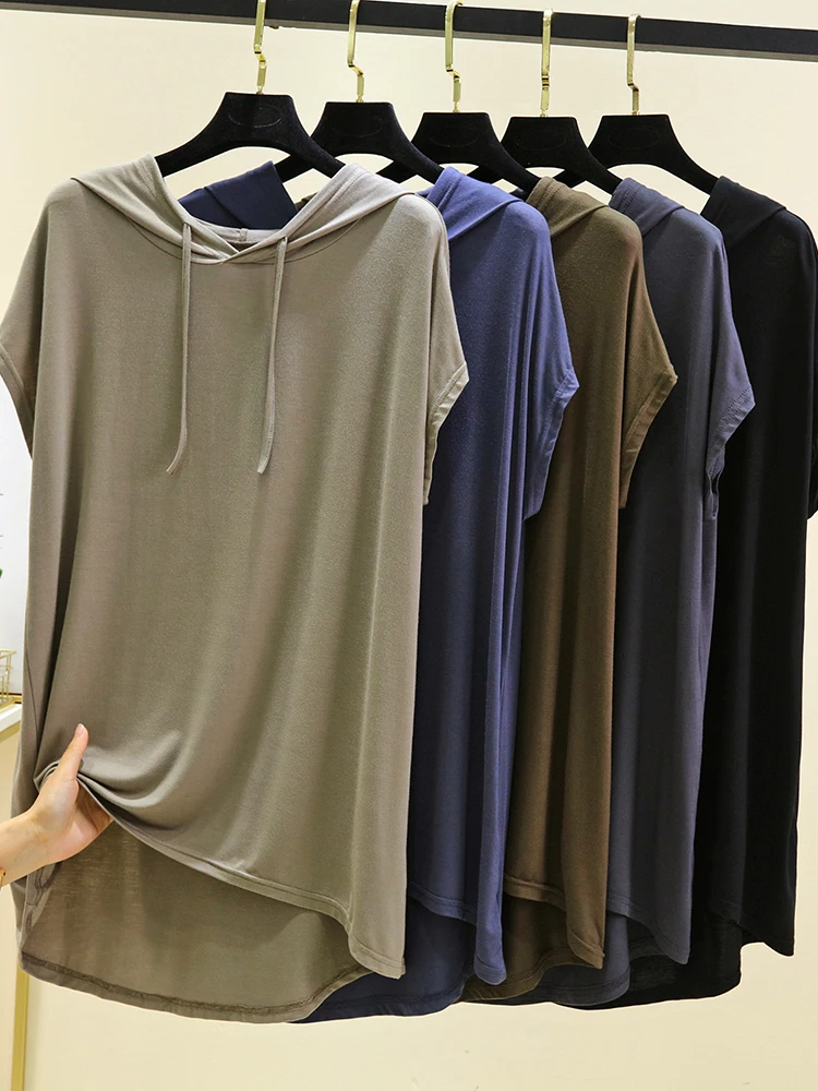 Décontracté Modal ort Sve T-shirt femmes été mince grande taille haut Simple couleur Base irt coupe ample à capuche T-shirt