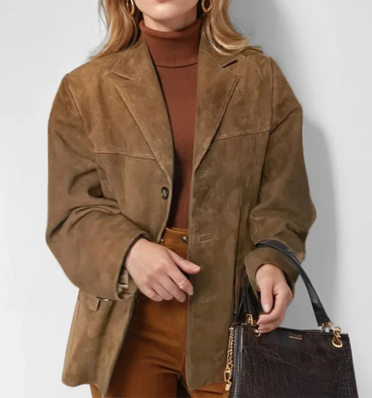 

Women FashionCoats Spring Winter New In Solid Lapel Jacket Single Breasted Coat Street Loose Blazer Leather