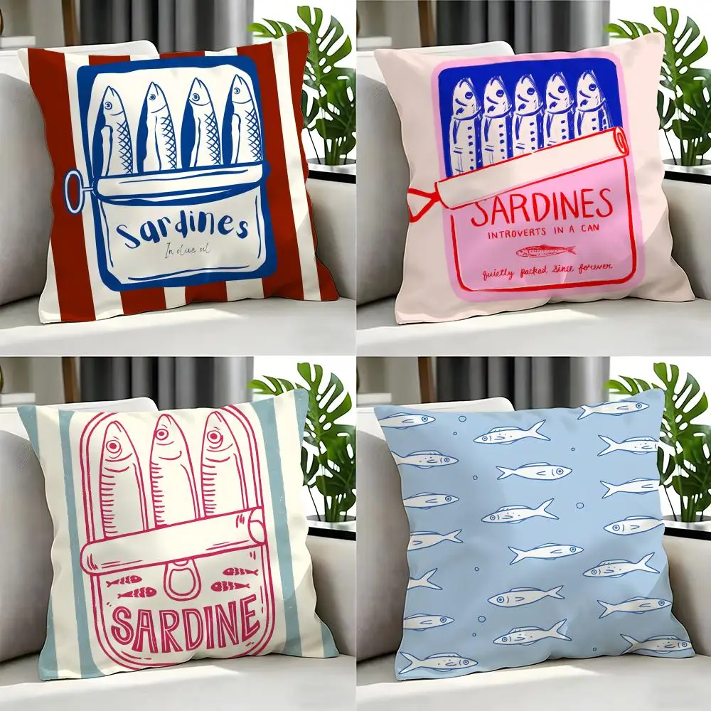 food Coastal Charm Sardine Cushion Cover Cushion Cover Set 4Pcs 50x50 45x45 40x40 Pillowcase Decorative Sofa Home Decor