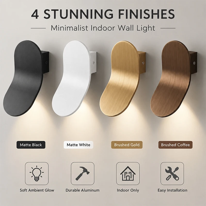  Minimalist LED Curved Wall Light Matte Black White Brushed Gold Coffee Aluminum Wash Light Sconce Bedroom Bedside Living Room