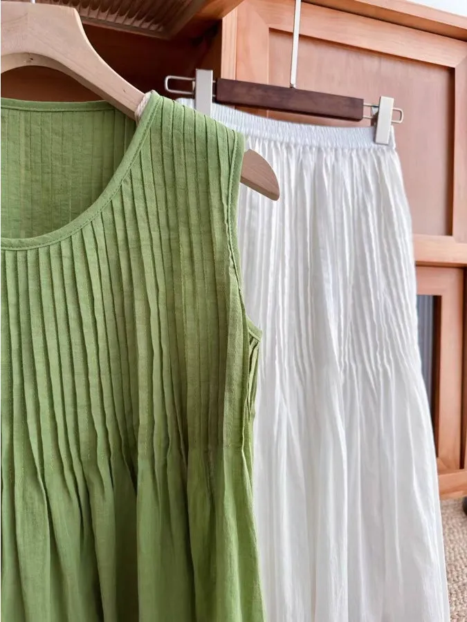

White Cotton Linen Vest irt Women's Summer Design Pred Pleat round Ne Svel oulder Pad Top Loose Fit Thin Model