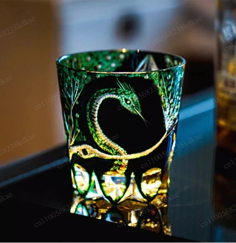 Zodiac Snake Pattern Edo Kiriko Crystal Glass Hand Carved Whiskey Brandy Snifter Liquor Wine Cup Decorative Collectible Gift