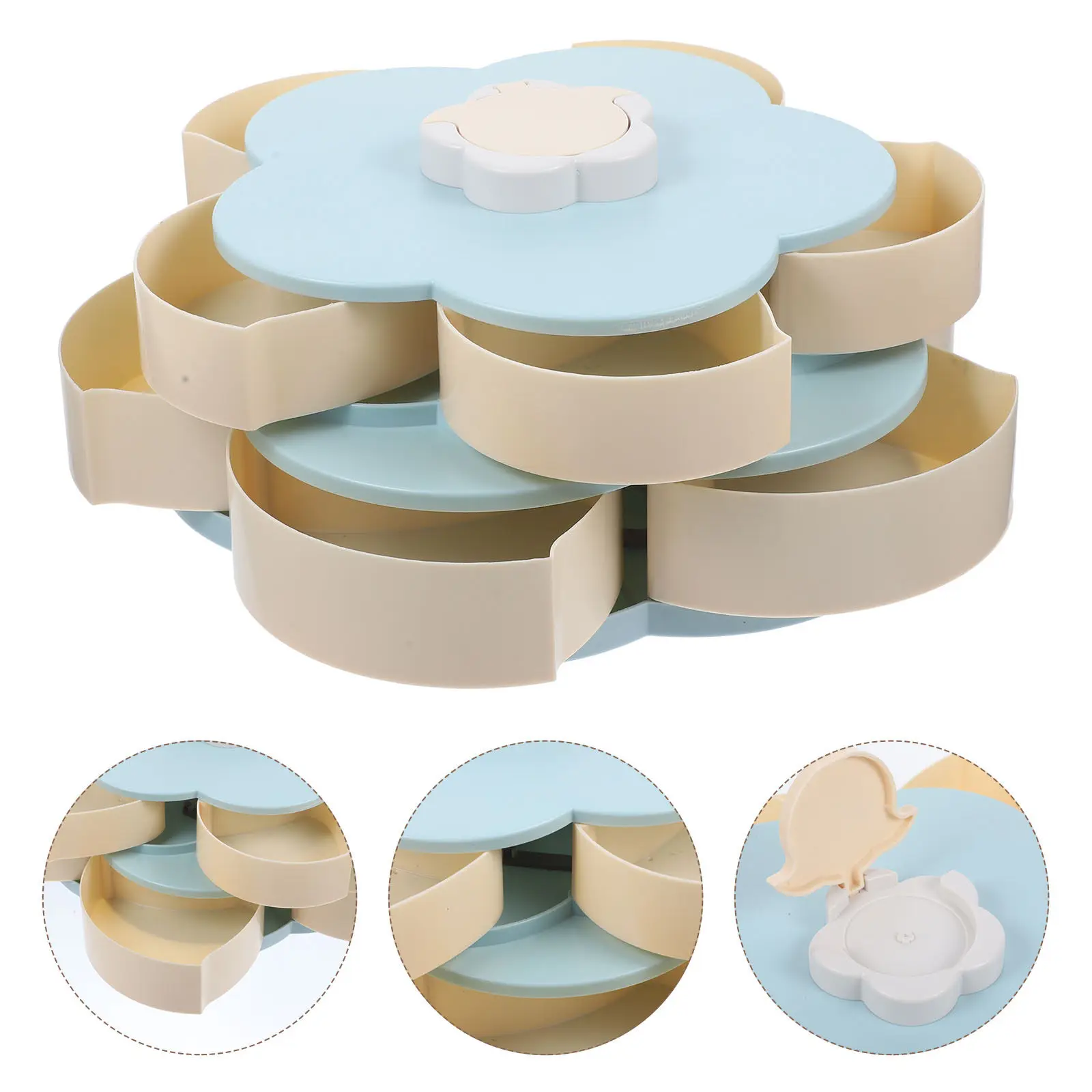 

1 шт. Вращающийся поднос для закусок в форме лепестка, двухслойный, влагонепроницаемый, коробка для хранения конфет с отсеком для телефона, органайзер для еды, цветок