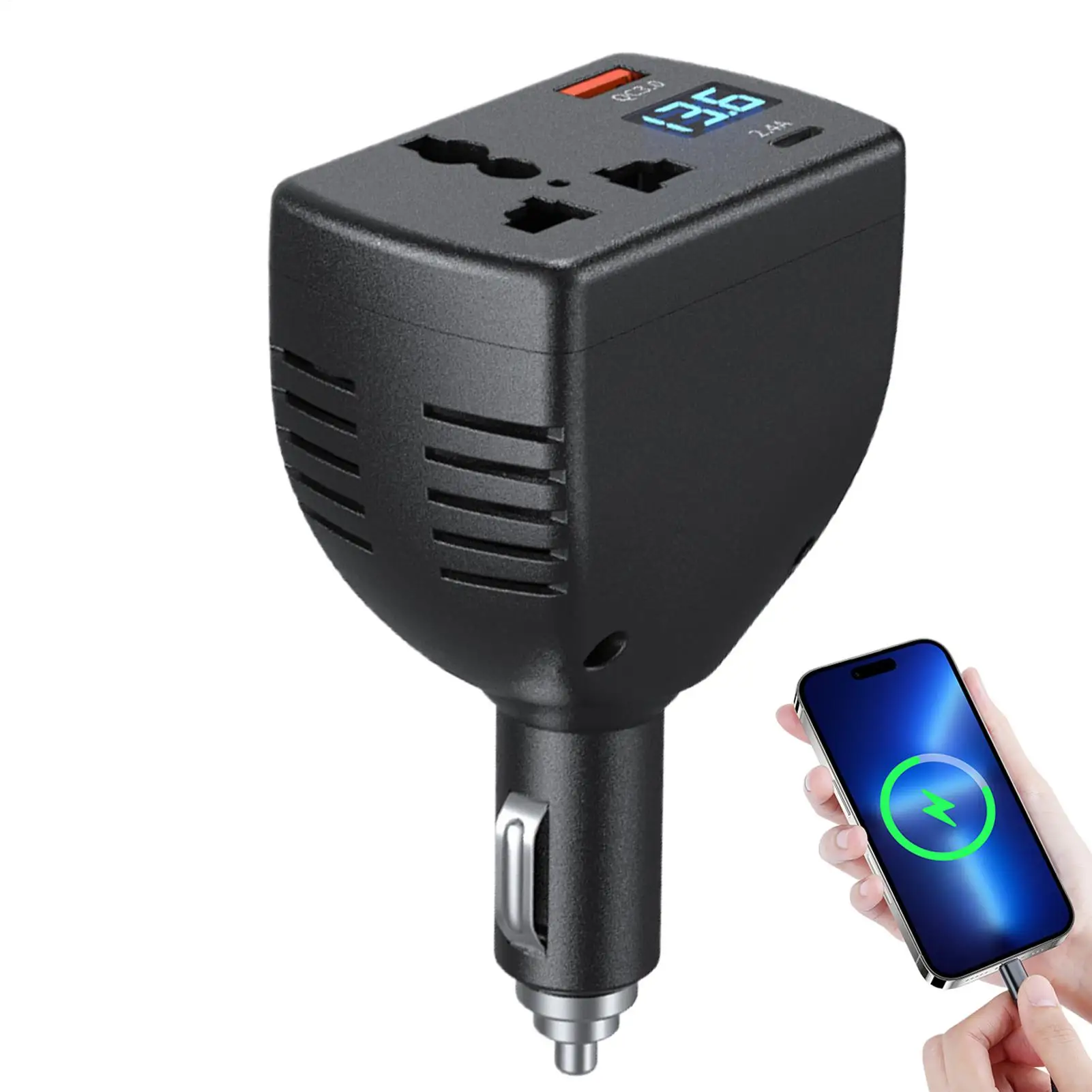Car Outlet Adapter 150W DC 12V to AC 220V Digital Display Inverter with USB C Port Car Power Adapter for Truck Suv