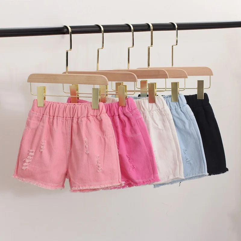 Summer Short Pants for Girls Cotton Candy Color Broken Jeans Shorts Fashion Children Clothing Outerwear Pant 2 To 12 Years New