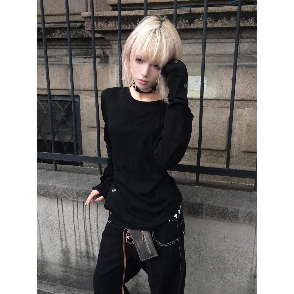 Women Black Long Sleeve T-Shirt Y2K Gothic Streetwear Crew Neck Cotton Blend Top with Snap Button Cuffs