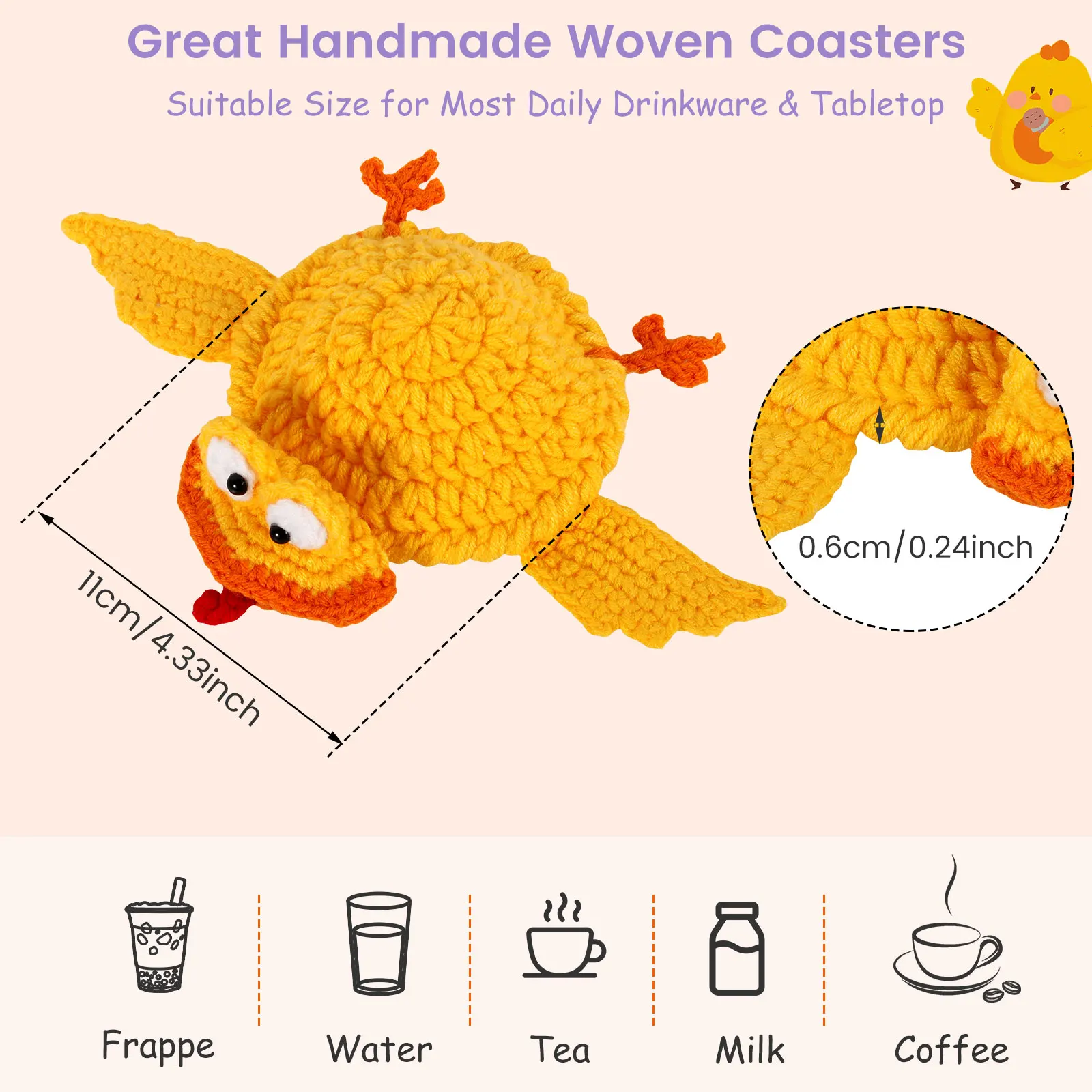 2Pcs 4 Inch Funny Crochet Chicken Cup Mats Handmade 3D Knitted Chicken Coasters Farmhouse Chicken Mug Rug Tabletop Protectors