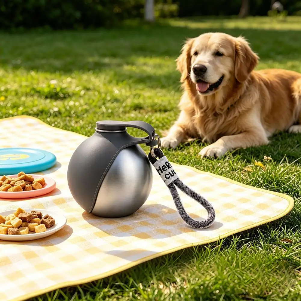 304 Edelstahl Haustier-Trinkflasche, runde Outdoor-Wasserflasche für Katzen und Hunde, tragbarer, faltbarer Wasserspender mit Hängeseil – Detail 8