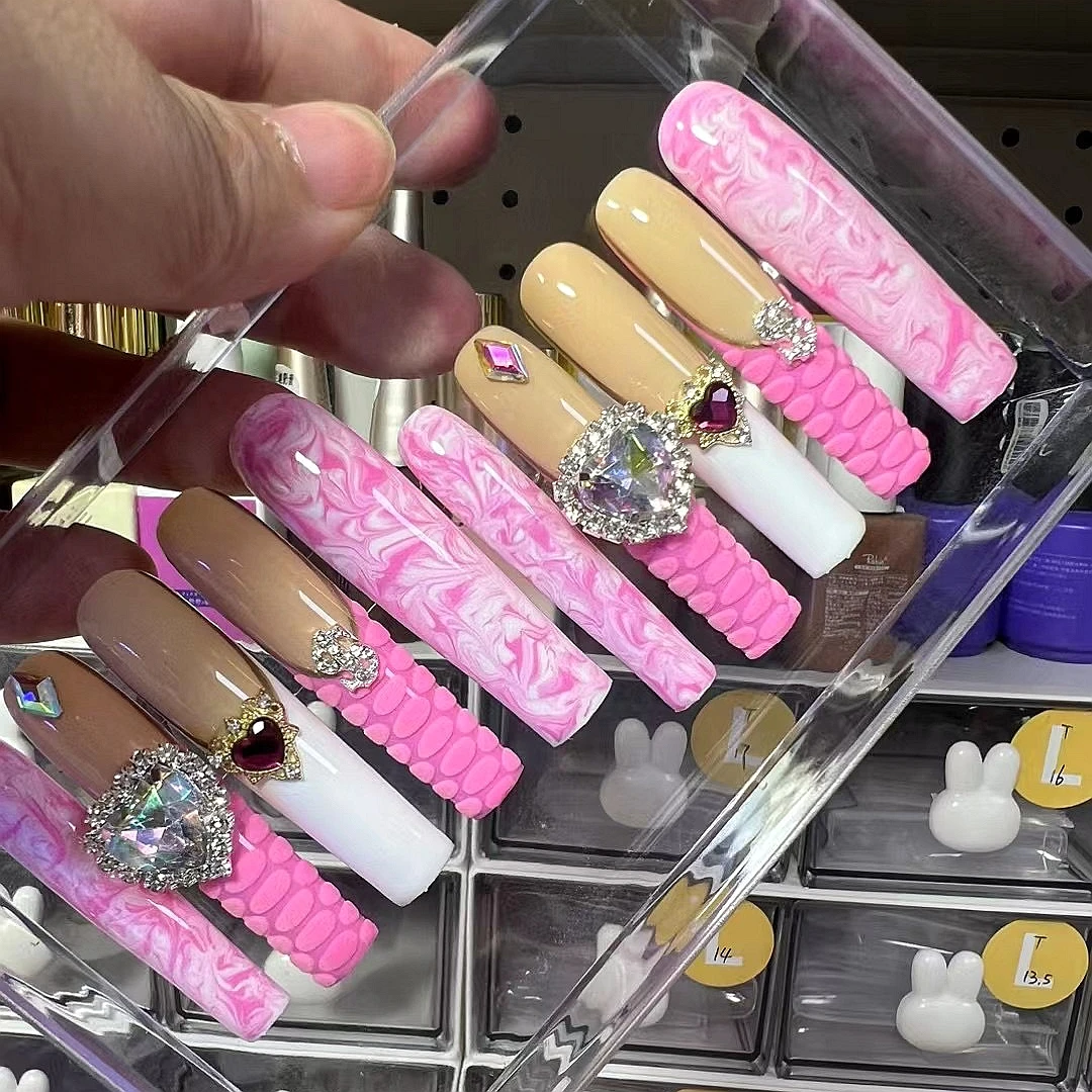 High Quality Handmade XXXL Pink Press On Nails Customized Extra Long Square False Nail Tips Y2K Reusable Fake Nail With Glue