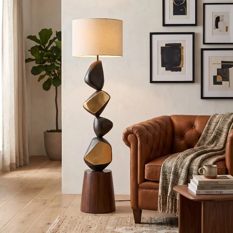 Modern Luxury Stacked Stone Ornament Creative Gilded Pebble Floor Decor Lighted Wabi Sabi Sculptural Craft for Hotel Villa