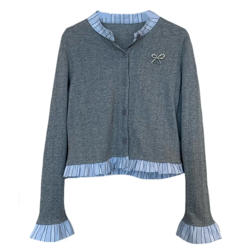 Zedaijai Cardigan Rajut Wanita Elegan Model Slim-fit dengan Aksen Pita dan Ruffle, Jahitan Pelangsing Gaya Dua Lapis Palsu untuk Musim Gugur dan Musim Dingin