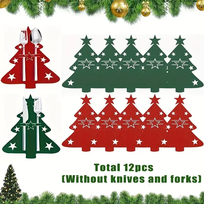 12Pcs Christmas Tree Shaped Felt Cutlery Mats With Stars Decor Durable For Home Christmas Festive Party Table Decor Accessories