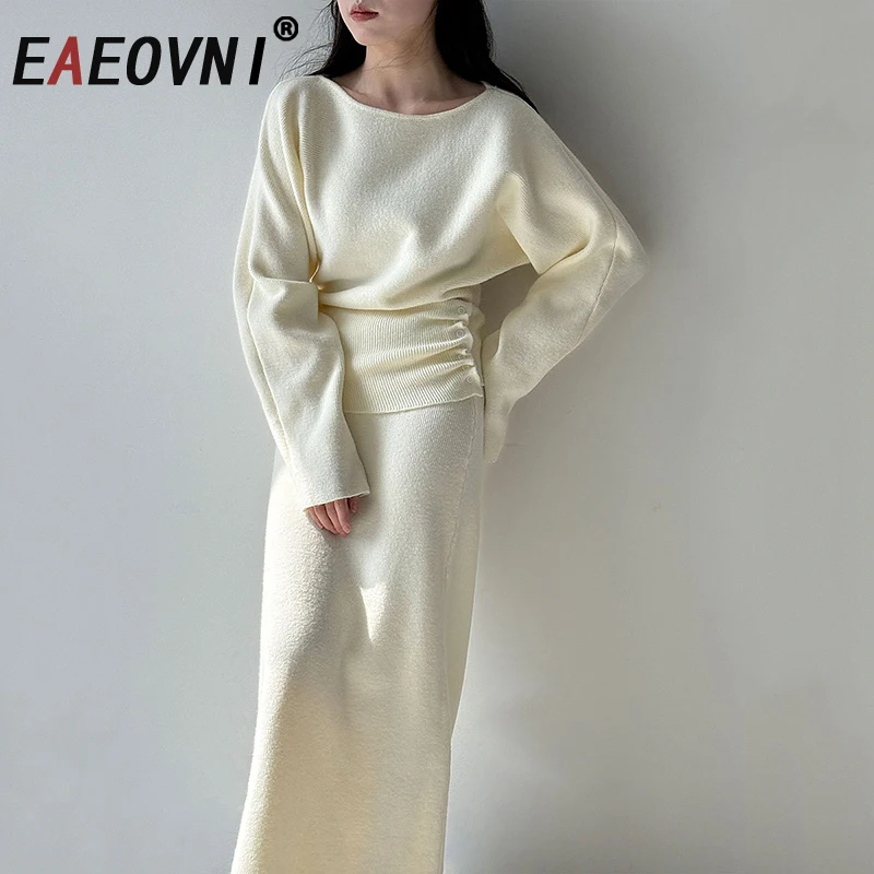 

EAEOVNI Элегантный вязаный комплект из 2 предметов, женский дизайнерский свитер на пуговицах на талии, длинная юбка, однотонная мода, новинка 2025, осень-зима