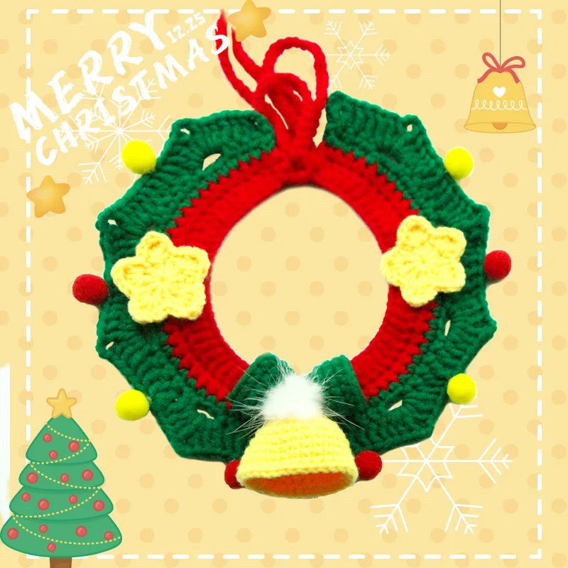 

Рождественское праздничное украшение, вязаный крючком венок для домашних животных, ошейник из пряжи ручной работы с колокольчиком, праздничный аксессуар для собак и кошек, ошейник