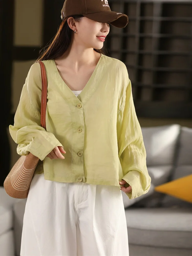 

Retro Garden Beauty 100% Flax Short Sleeveless V-neck Long Sleeve Women's Shirt Jacket Breathable Summer Outerwear