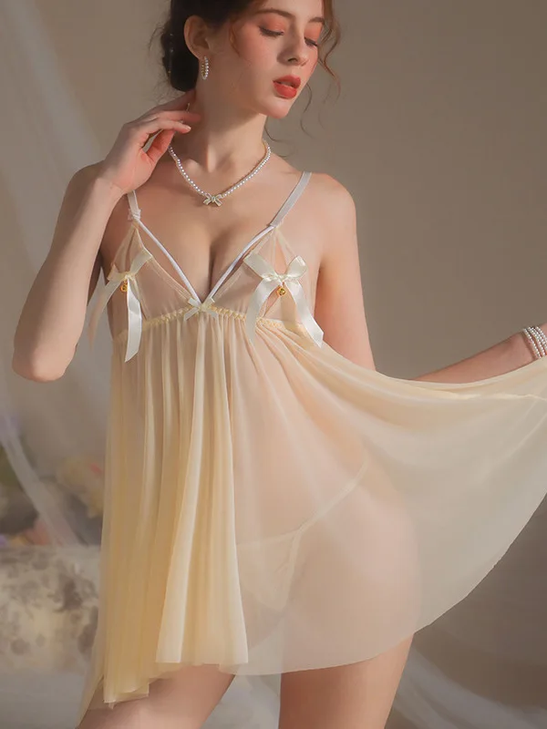 2024 nuevo vestido Sexy con cuello en V y lazo de malla transparente con espalda descubierta para mujer vestido ceñido con cintura ajustada Color sólido dulce A-line Vestido corto FBNZ