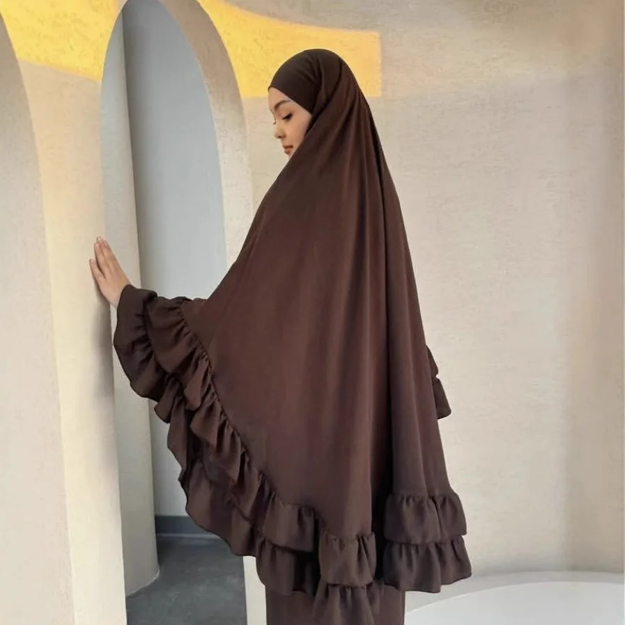 

Eid Djellaba Khimar Jalabiya 2PCS Ruffles Muslim Women Hijab Dress Niqab Prayer Garment Islam Clothing Ramadan Robe Kaftan Abaya