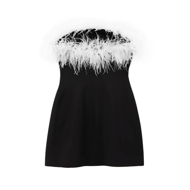 TRAF Feather Decoration Short Dress Women Clothing Sexy Backless Dress Strapless Elastic Dress Woman Dress Female Midi Dress