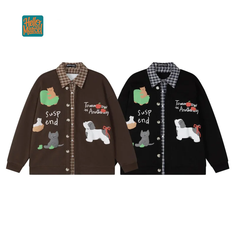 

HELLOMARCEL EU US Size Top Quality Casual Street Wear Plaid Patchwork Puppy Print Unisex Fake Two-Piece Casual Jacket
