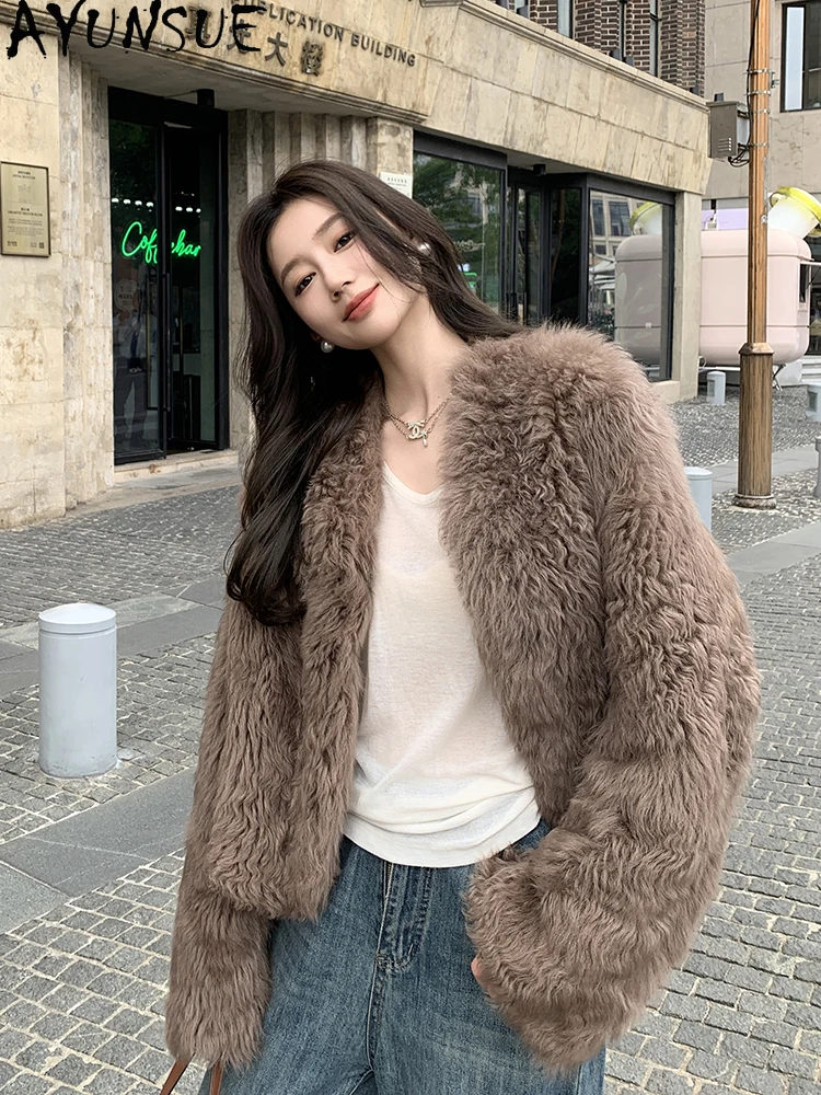 AYUNSUE 2025 Winter Shearling Jacket Woman Natural Wool Jackets for Women Clothes Short Luxury Fur Jacket Woman Кофта С Мехом