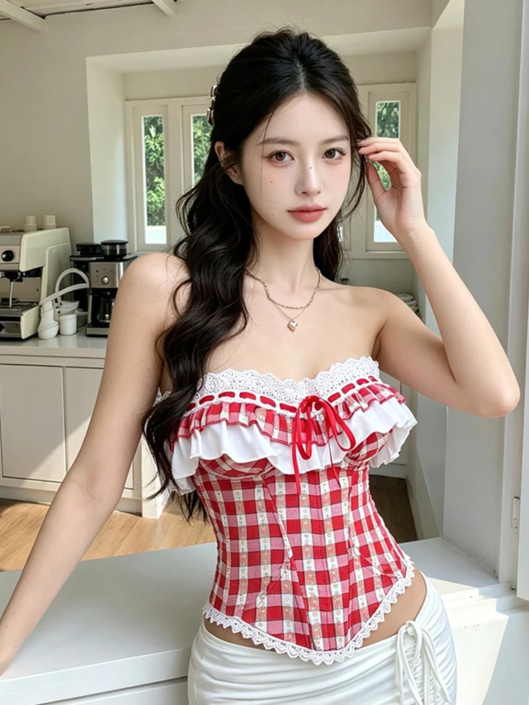 Retro Girl Sweet Tie-Detail Countryside Style Off-Shoulder Vest Sexy Lace Trim Shirt Women's Slim Fit Short Length Plaid Top