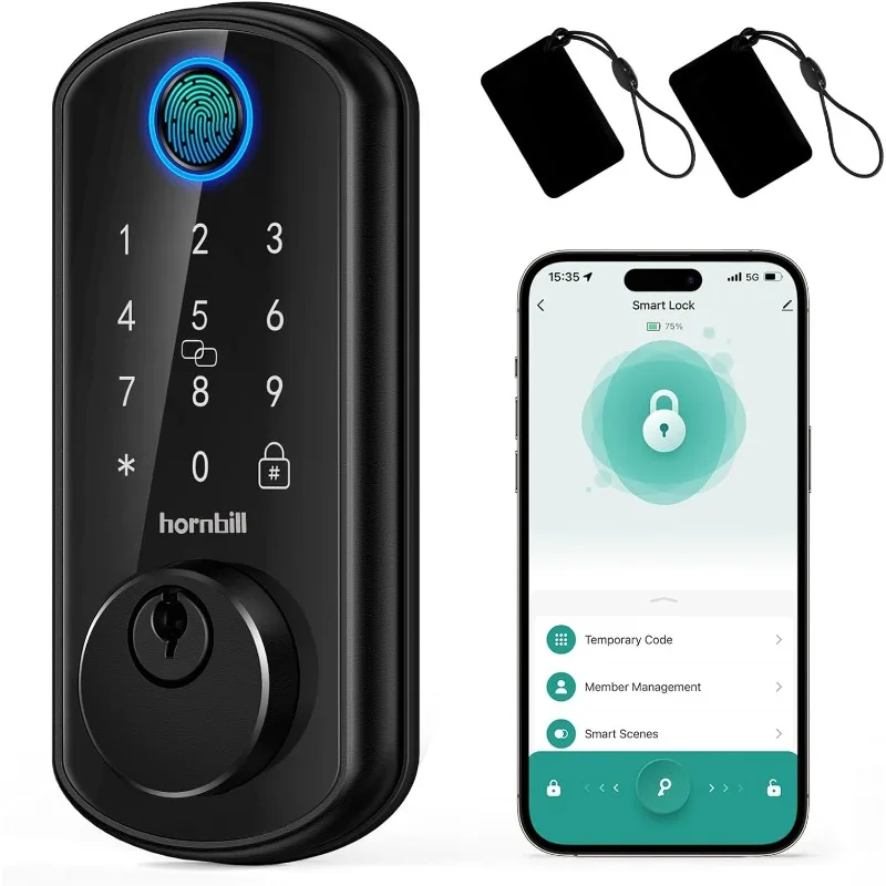 

Smart WiFi Front Door Lock: Hornbill Keyless Entry Fingerprint Deadbolt - Alexa Bluetooth Electronic Keypad Door Locks for House