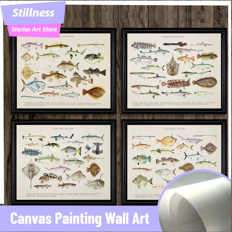 Stillness Stories  frameless Vintage Colorful Southern Pacific Fish Marine Life Drawing Illustration Poster Canvas Painting Wall