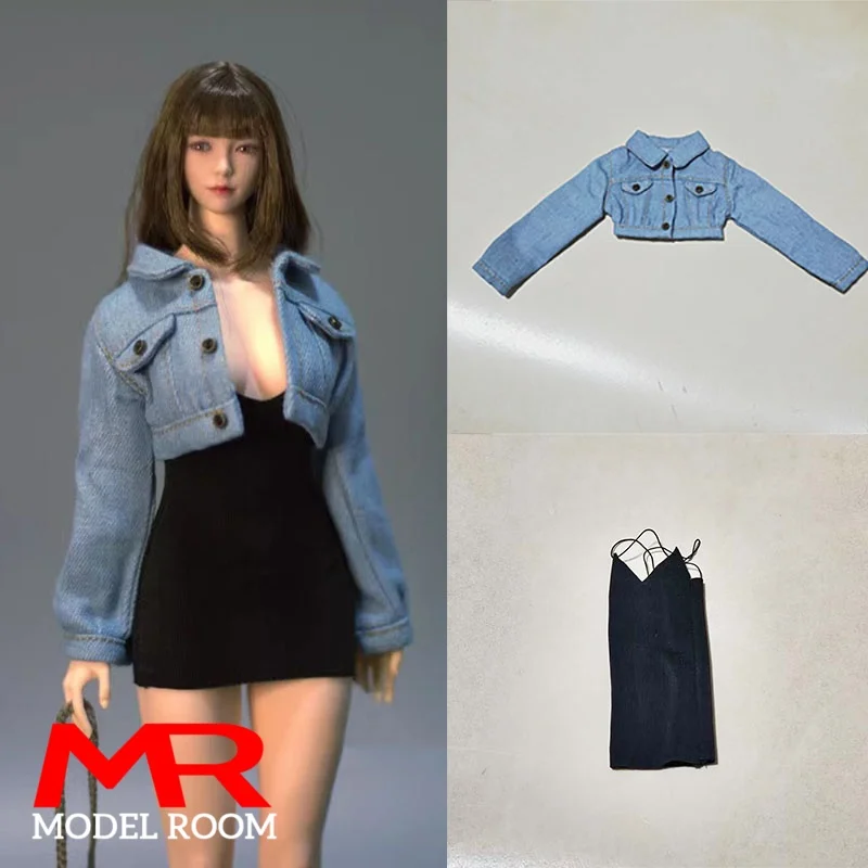 DMTOYS Jaqueta Jeans Feminina Escala 1/6, Vestido Preto, Roupa para Bonecas de Ação de 12'' TBL S46