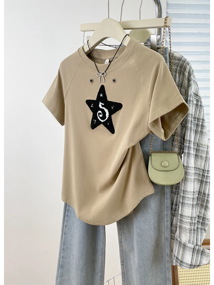 Slimming Pure Cotton Short Sleeve T-Shirt with Embroidered Five-Pointed Star Chic Korean Style Commute Fashion Women's Clothing