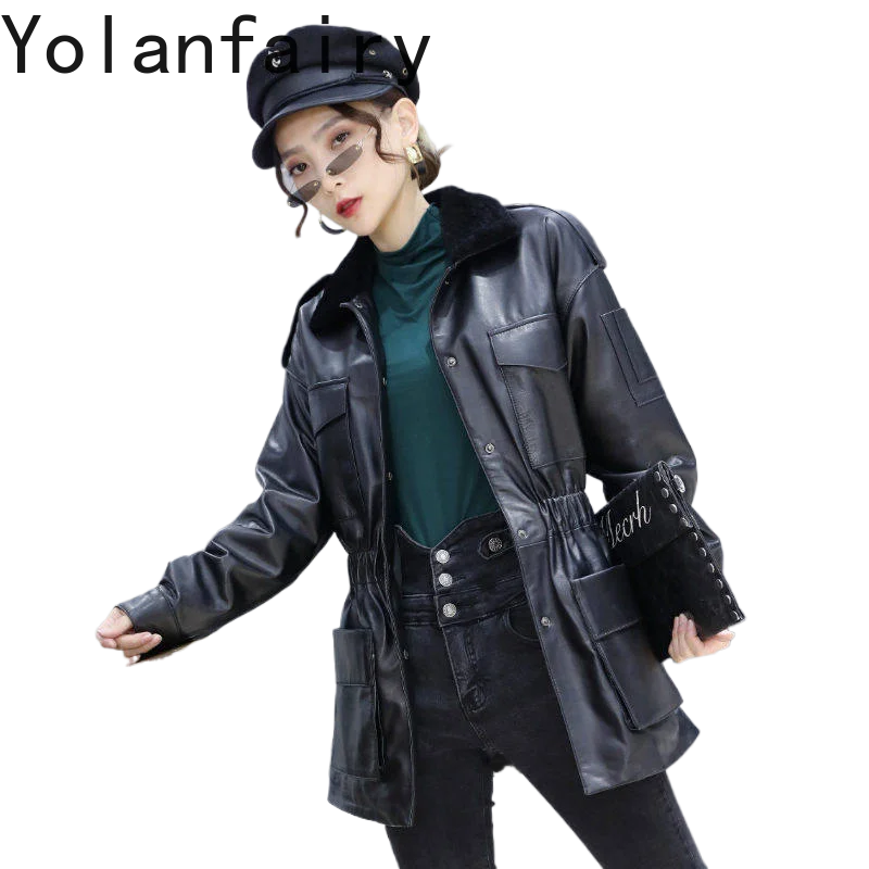YOLANFAIRY Autumn Women Mid-length Real Sheepskin Leather Jacket Korean Cotton Padded Elastic Waist Slim Genuine Leather Coat