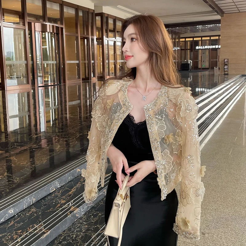  Embellished Thin Outerwear Women's Short Top Elegantly Tailored Ogeesha Fabric  Style Loose Fit Long Sleeve