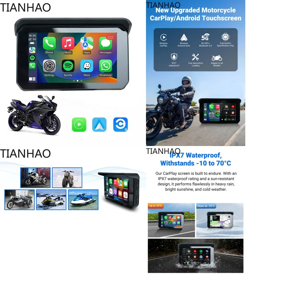 5 Inch Portable Motorcycle GPS Navigation Device for CarPlay Android Auto IP67 Waterproof Dongle with Wireless WiFi Bluetooth