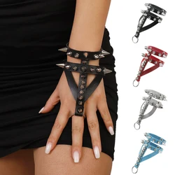 Gothic punk style bracelet with long and short spikes, wristband and ring in one piece