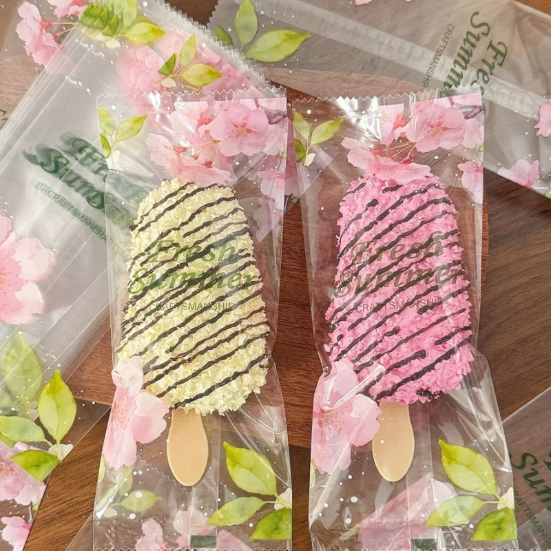 100pcs cherry Printed Ice cream Packaging Bag Heat Sealable sakura Popsicle Plastic Wrappers for Homemade Ice Cream Yogurt Stick
