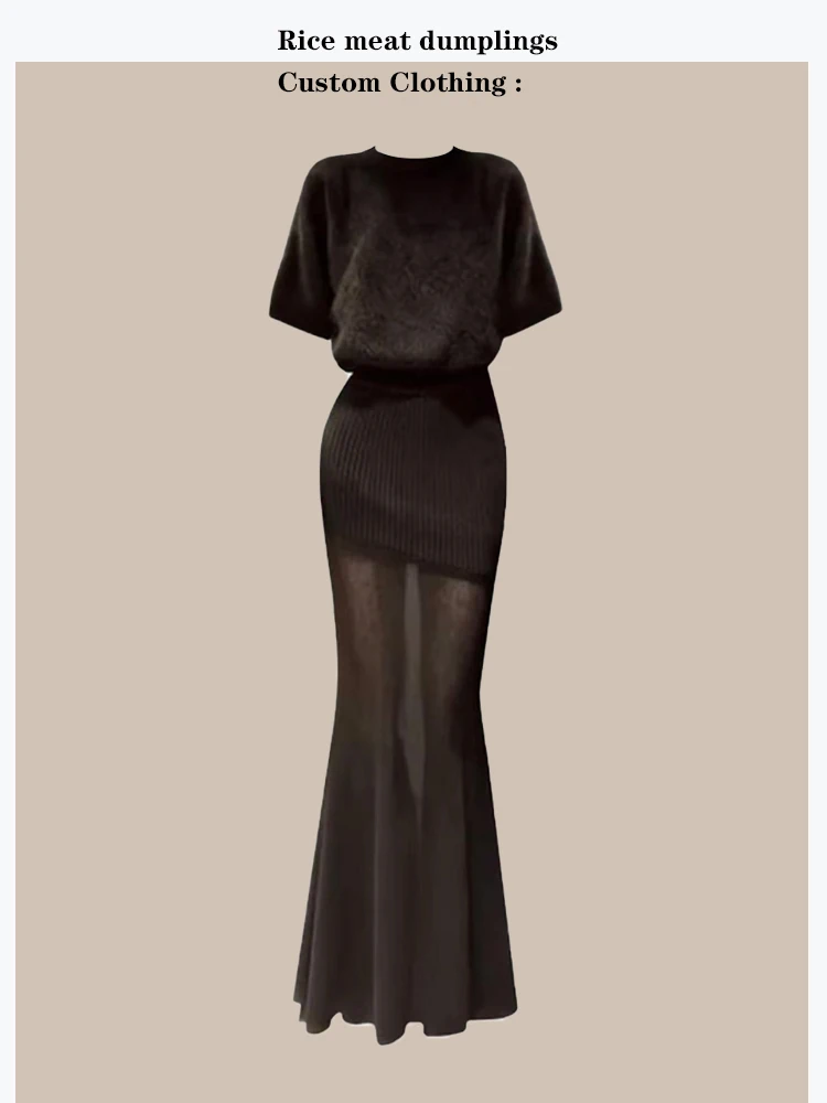 

Sexy Slimming Plush Short Sleeve Knitted Sweater See through Hollow out Fish Tail Skirt Set Women's Fashion Ensemble Winter Wear