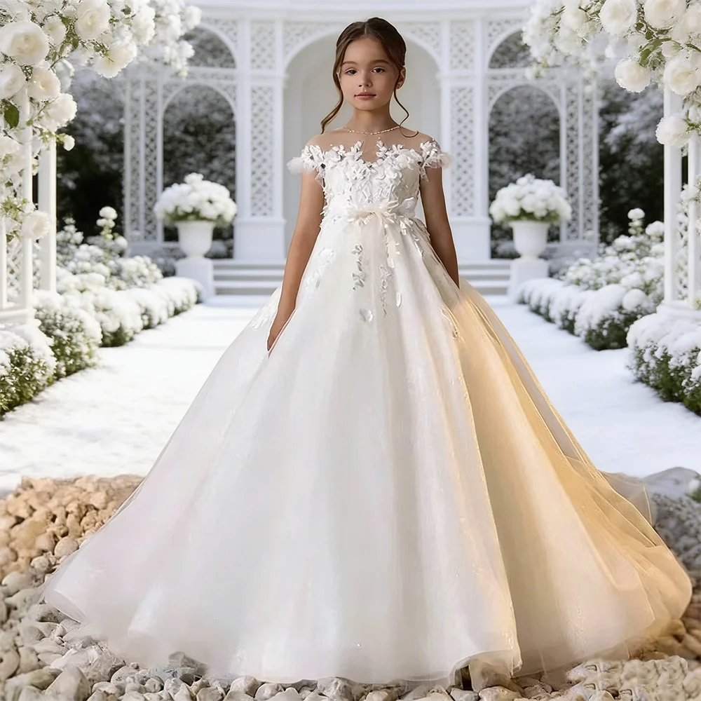 

Платье для маленьких девочек с 3D цветочным кружевом, прозрачным вырезом, фатиновой юбкой и пуговицами на спине, для торжественных мероприятий, выпускных, свадеб и праздников