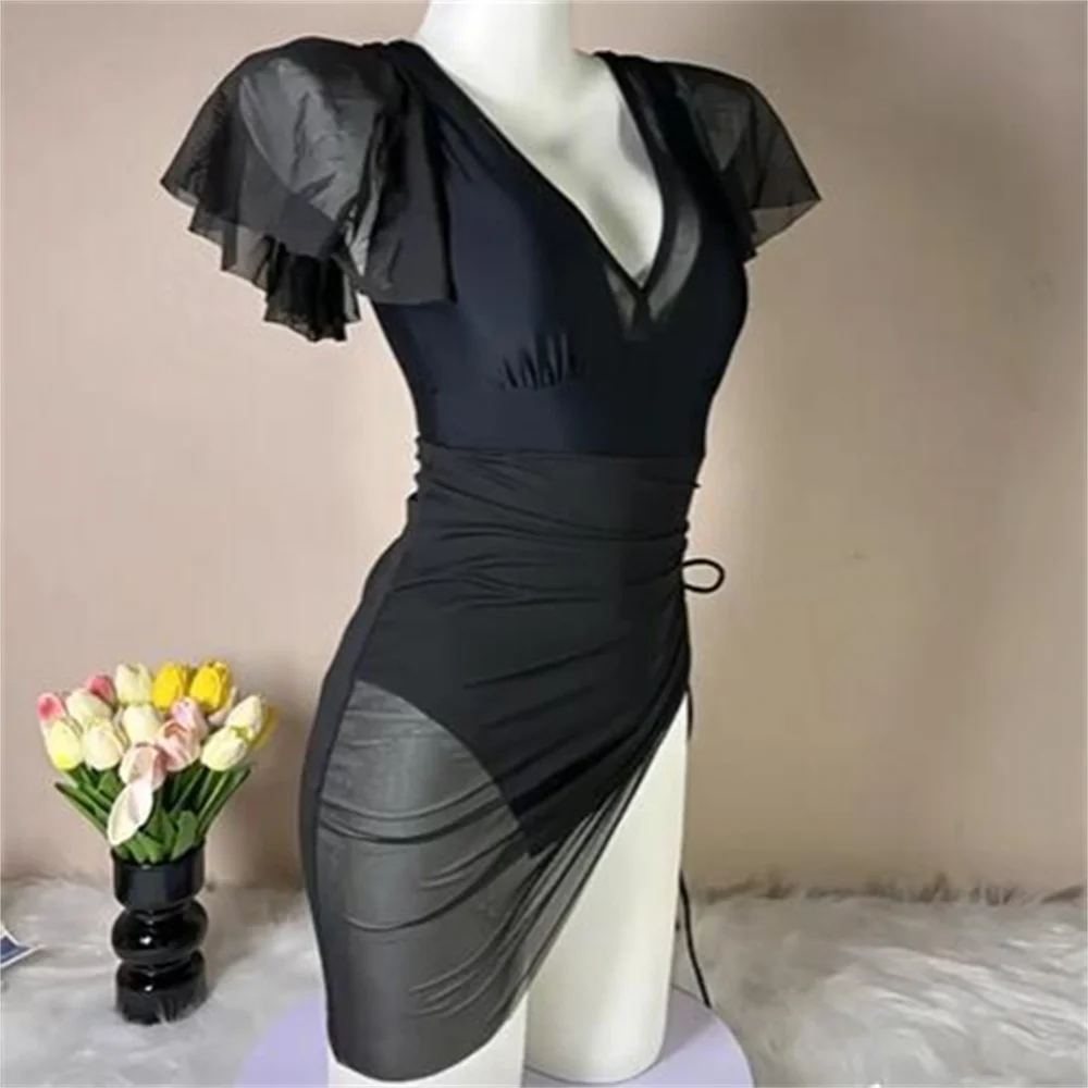 Sexy Black Mesh Splicing Swimsuit Dress Ruffled Sleeve Deep V Bikini Women Backless One-piece Sheer Vacation Swimwear Outfit Set