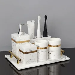 Marble Texture Resin Bathroom Decoration Accessories European Modern Golden Stroke Five Piece Shower Accessories Home Decoration