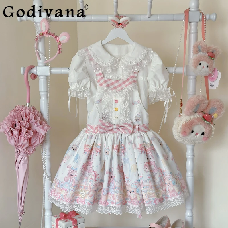 

Soft Girls Lolita Suspender Dress Jsk Women's Sweet Cute Bow Print High Waist Loli Lo Short Dress Student Kawaii Birthday Dress