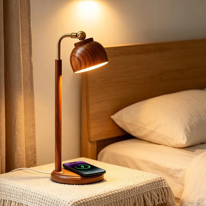 Walnut Table Lamp with 15W Qi Wireless Charger for Mobile Phone USB-C Powered Three-color Lights Desk Lamp for Bedroom Home