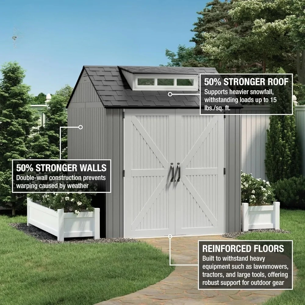 Weatherproof Gray Outdoor Storage Shed with Floor, 7x7 Feet, Ideal for Home, Backyard, and Garden Tool Organization