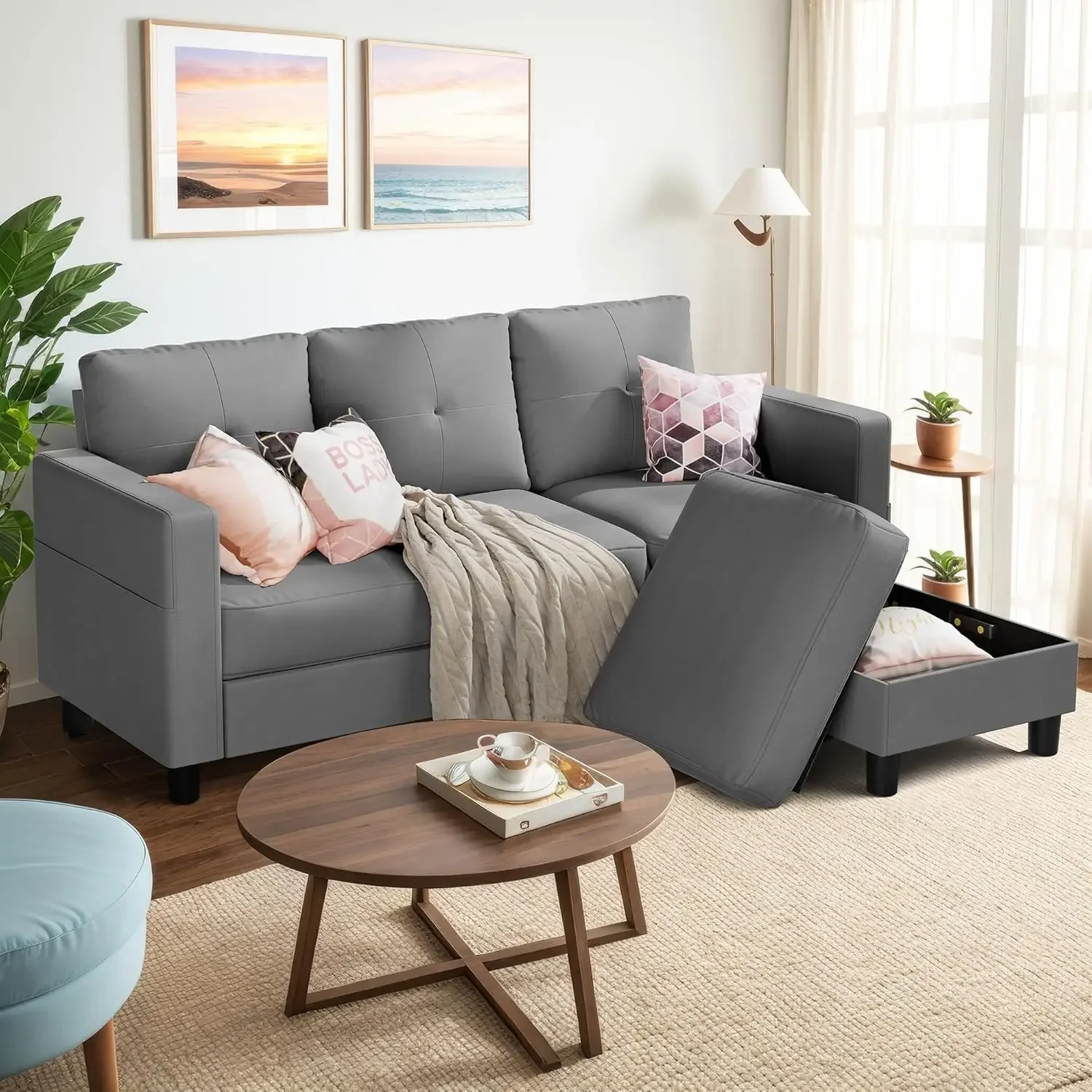 Nowoczesna sofa narożna z tkaniny lnianej, 3-osobowa, z odwracaną leżanką dla