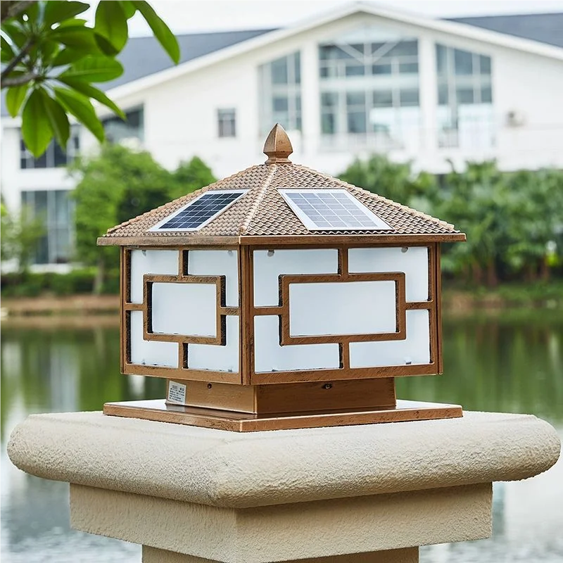 

Traditional Chinese Style Solar Column Headlight Outdoor Waterproof Dual Color Remote Control Used for Villa Courtyard Wall Lamp