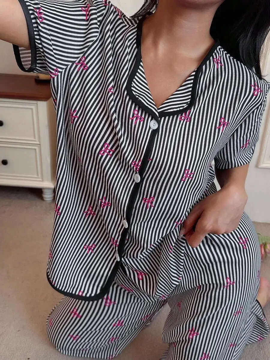 

Womens Striped Button-Up Pajama Set With Bow Print And Lapel Collar