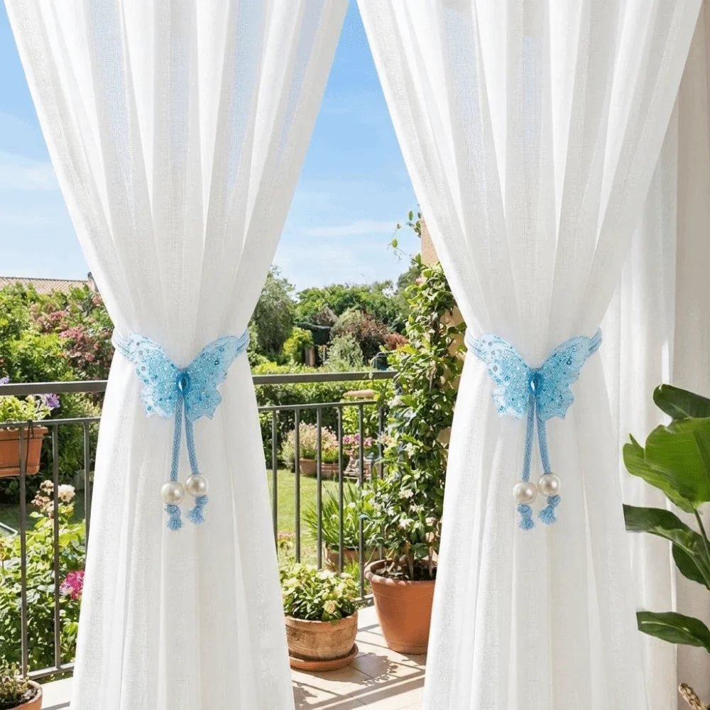 Sequin Butterfly Shaped Curtain Tieback Adjustable Handmade Curtain Holders Artificial Pearl Simple Curtain Buckle
