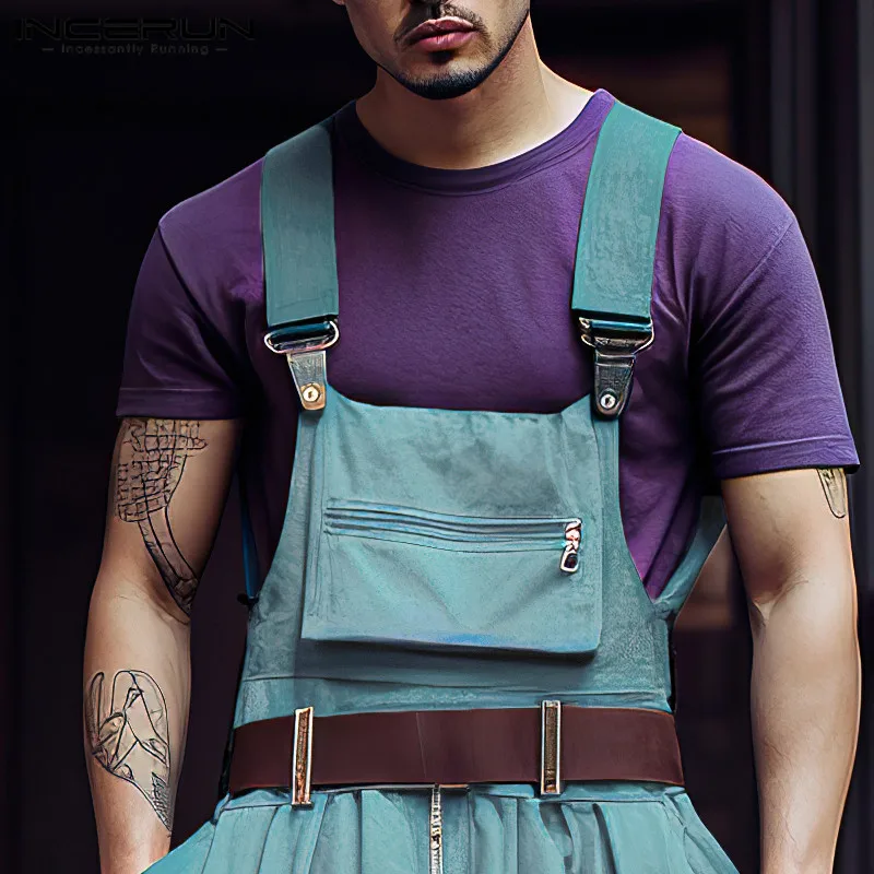 INCERUN 2023 Men Jumpsuits Solid Loose Sleeveless Straps Rompers Men Streetwear Zipper Elastic Waist Fashion Male Cargo Overalls