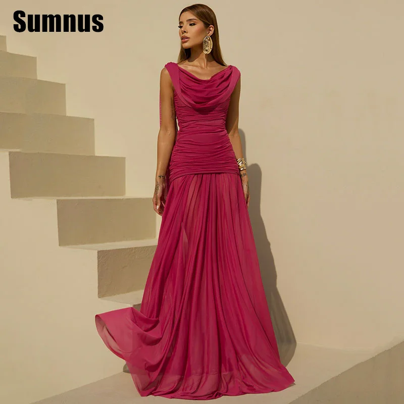 

Sumnus Elegant A-Line Fuchsia Evening Dresses O-Neck Floor-Length Formal Occasion Dresses فساتين سهرة Customized