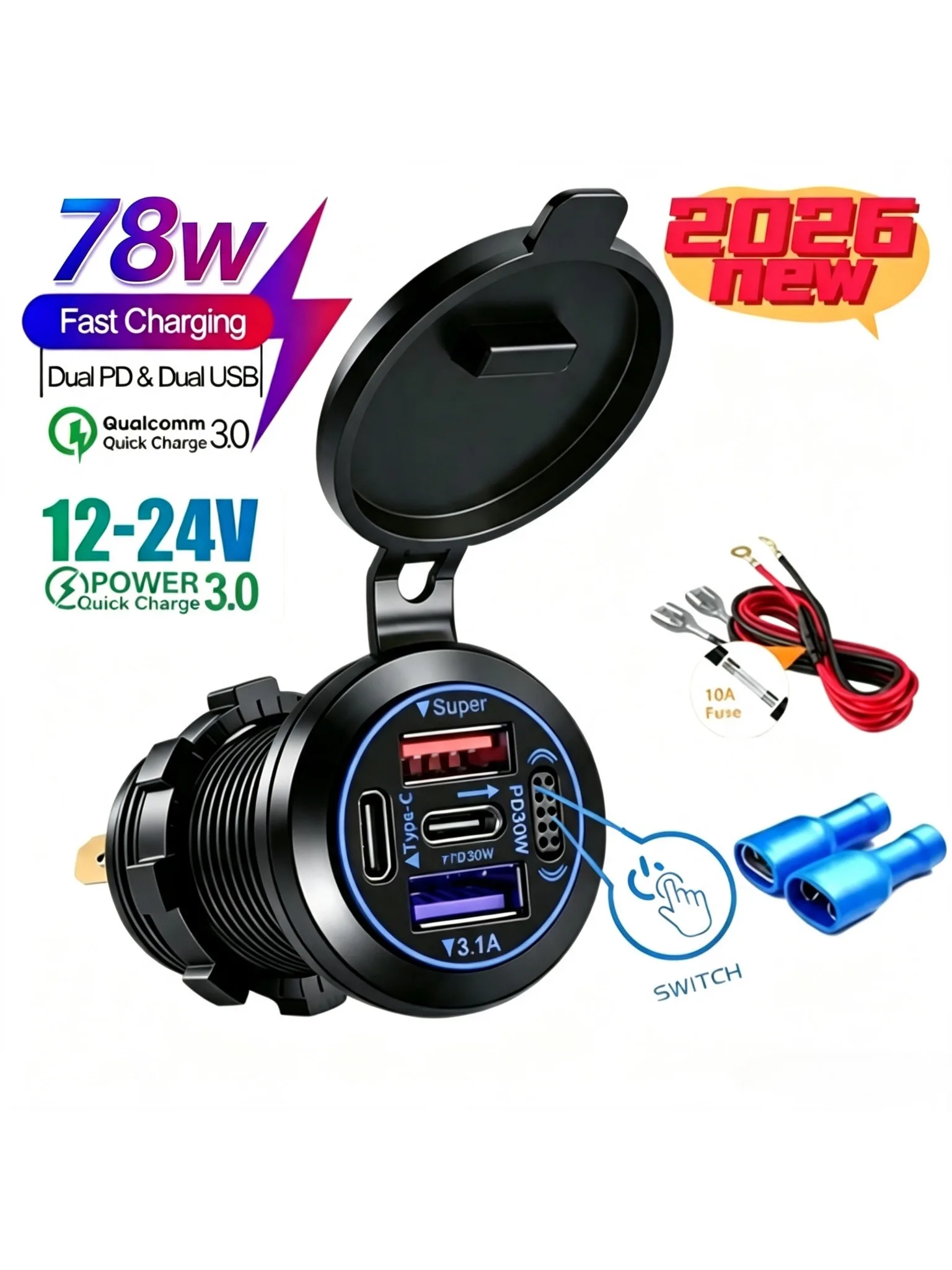 NOWA Wpuszczana Gniazdo Ładowarki Samochodowej 12V-24V PD30W QC3.0 4 Porty Szybka Ładowarka USB C Wodoodporne Gniazdo Zasilania do Motocykla Kampera Ciężarówki — 2