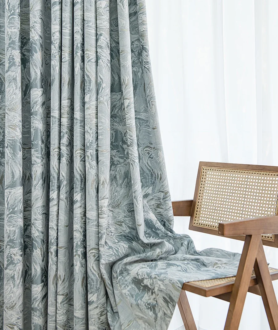 Mediterranean Blue Painting Jacquard Chenille Thickened Blackout Curtains for Living Room Bedroom Falling Floor Window Balcony