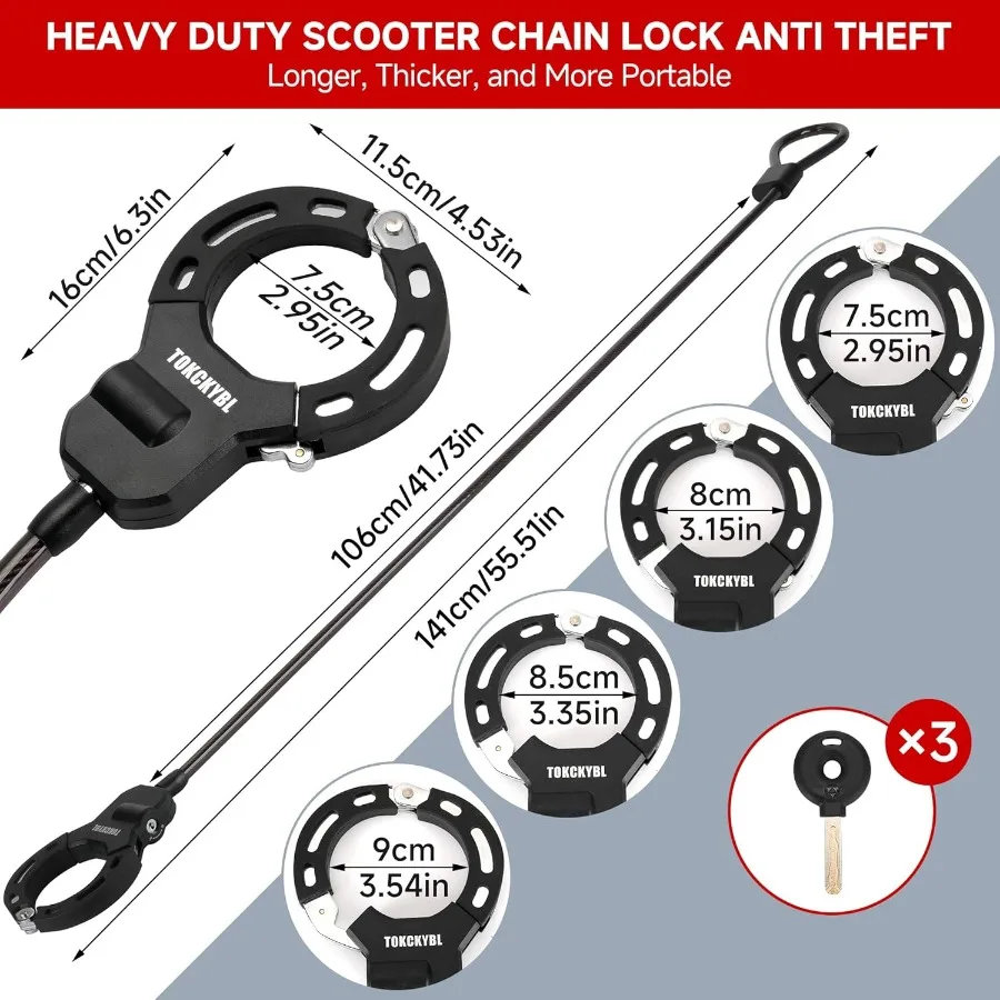 Heavy Duty Scooter Lock with 140cm x 13.5mm AntiTheft Cable Design 3 Keys Included Weatherproof AntiShear and AntiRust Protecti